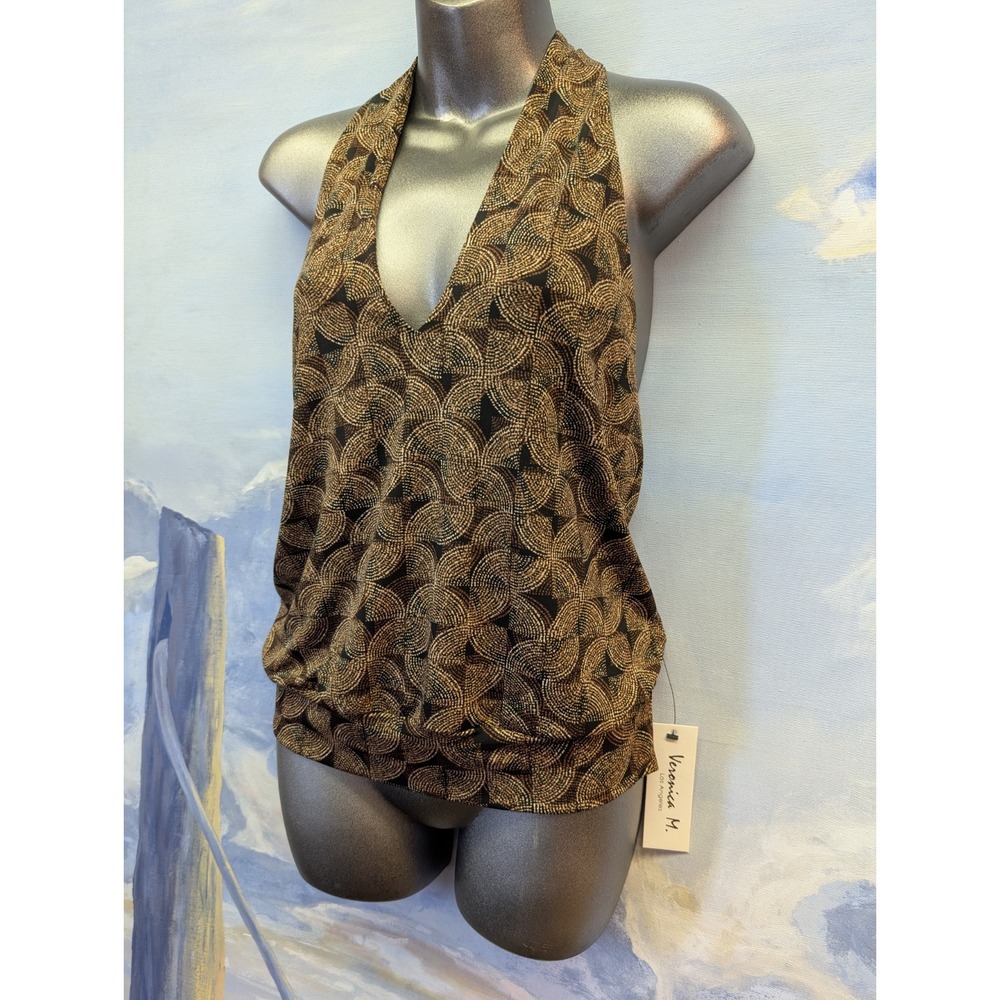 NWT Veronica M Size S Geometric Tie Neck Halter Top W/Open Back